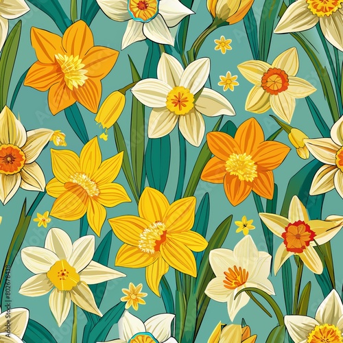 Seamless pattern of vibrant daffodils popping up in gardens  Generative AI