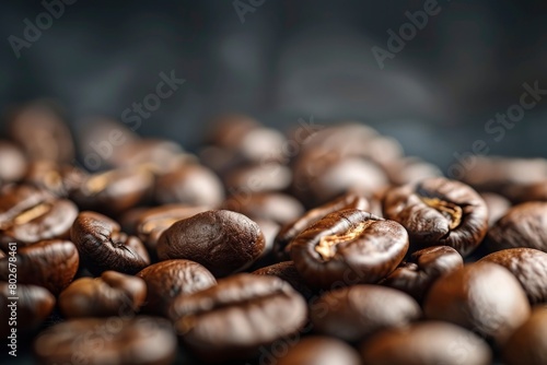 Brown Roasted Coffee Beans Closeup On Dark Background - generative ai