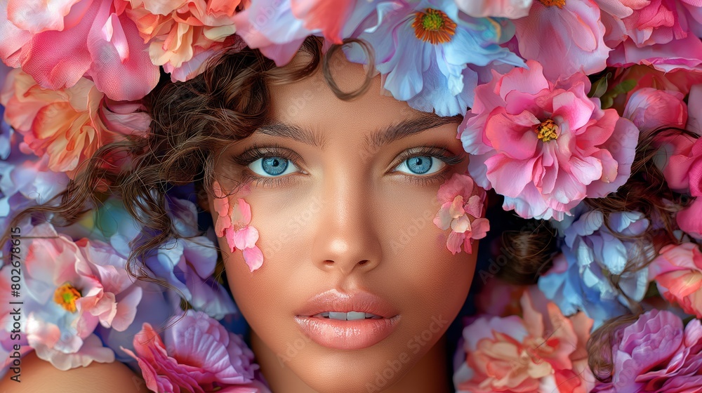 Caravagio surreal lovely woman face with colour eyes shine and background flowers, created by ai Caravagio surreal lovely woman face with colour eyes shine and background flowers, created by ai
