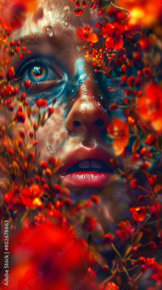 Caravagio surreal lovely woman face with colour eyes shine and background flowers, created by ai Caravagio surreal lovely woman face with colour eyes shine and background flowers, created by ai
