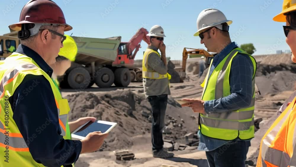 Construction workers and managers in safety vests and hard hats gathered for a meeting at a dusty job site with trucks and equipment in the background, discussing safety protocols and next steps.
Construction workers and managers in safety vests and hard hats gathered for a meeting at a dusty job site with trucks and equipment in the background, discussing safety protocols and next steps.