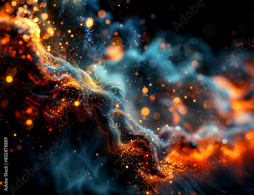 A computergenerated image of a colorful nebula background with smoke and sparks photo