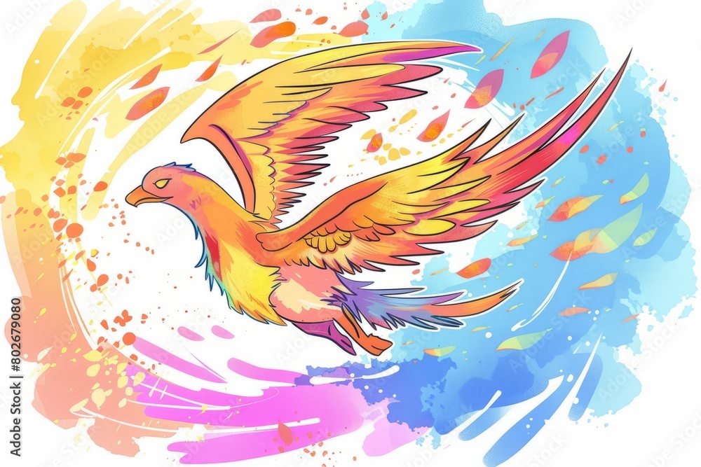 Obraz premium Cartoon cute doodles of a friendly phoenix soaring through the skies, leaving a trail of colorful feathers in its wake, Generative AI