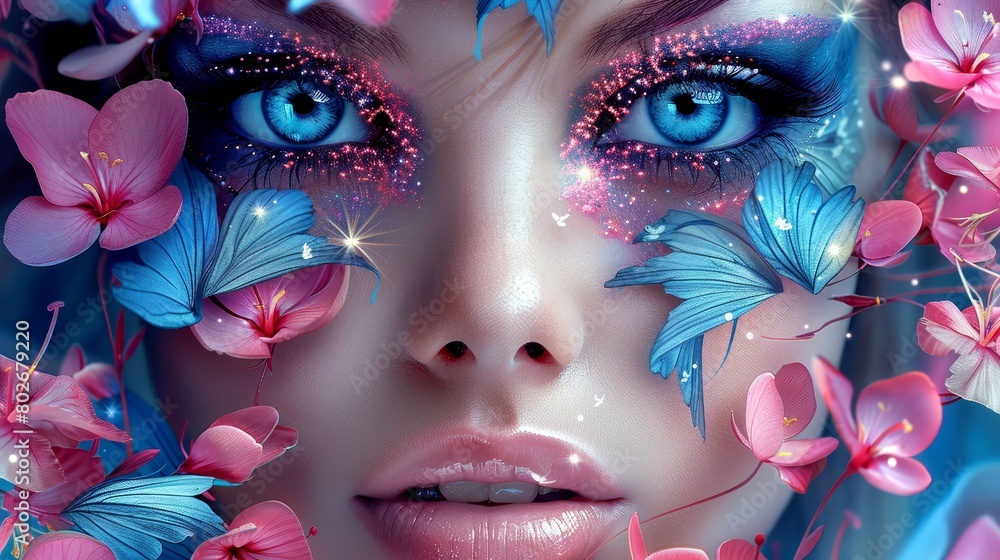 Caravagio surreal lovely woman face with colour eyes shine and background flowers, created by ai Caravagio surreal lovely woman face with colour eyes shine and background flowers, created by ai