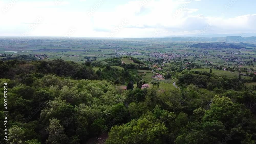 Aerial view above scenic italian village landscape in Colli Euganei. Aerial view above scenic italian village landscape in Colli Euganei.