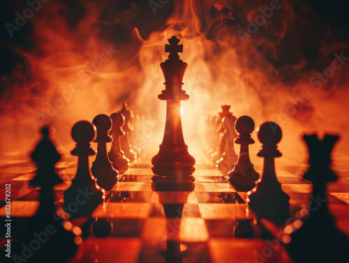 chessboard, queen standing over all chess army, winning situation, leadership concept, copyspace area,  - ai