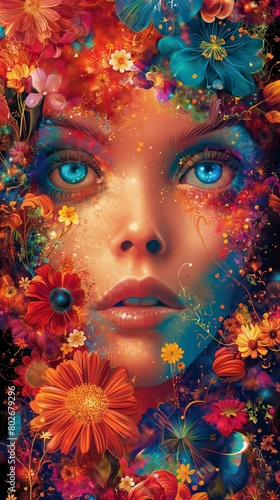 Caravagio surreal lovely woman face with colour eyes shine and background flowers, created by ai