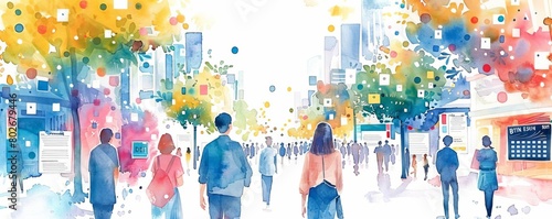 The watercolor painting shows a busy shopping street with people walking on both sides of the road