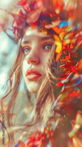 Caravagio surreal lovely woman face with colour eyes shine and background flowers, created by ai