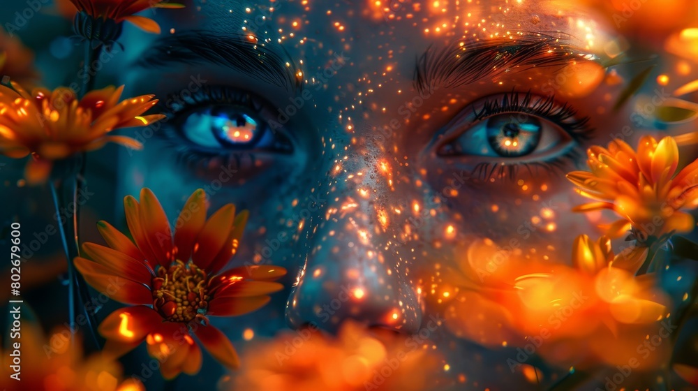 Caravagio surreal lovely woman face with colour eyes shine and background flowers, created by ai Caravagio surreal lovely woman face with colour eyes shine and background flowers, created by ai