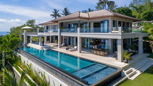 architecture, modern house, beautiful patio with pool, outdoor,Luxury beach house with infinity pool and sea view,Interior and exterior design of pool villa which features living area, greenery gard 