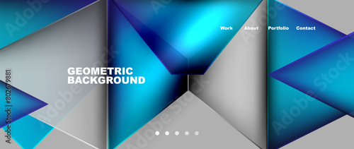 A geometric background featuring azure and electric blue triangles on a gray backdrop, creating a symmetrical pattern. The font and material properties give a sense of aqua and tie shapes