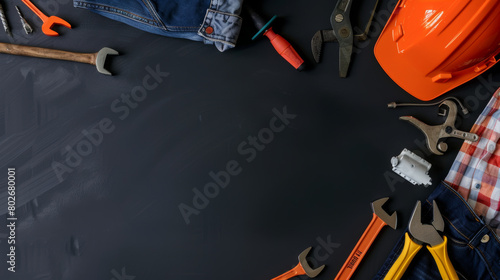 Construction tools and helmet on a dark background photo