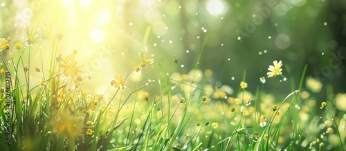 Spring grass with flowers is fresh on a sunny day with a naturally blurred background.
