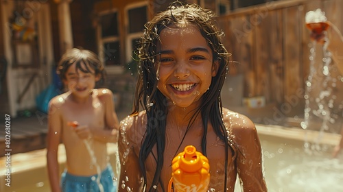 A young family having a fun water fight in the backyard, with water guns and sprinklers creating a refreshing atmosphere. photo