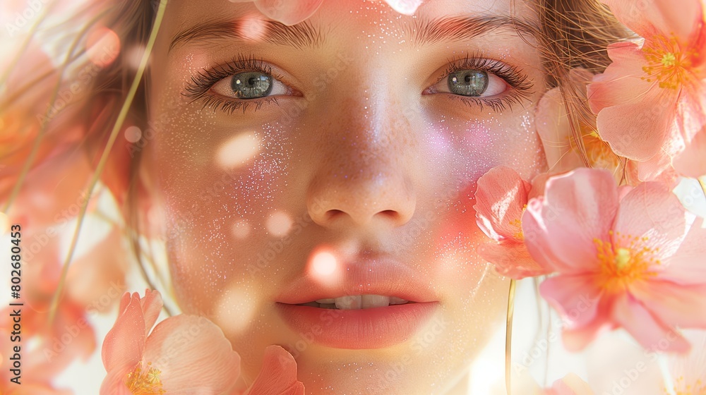 Caravagio surreal lovely woman face with colour eyes shine and background flowers, created by ai Caravagio surreal lovely woman face with colour eyes shine and background flowers, created by ai
