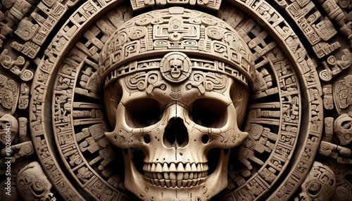 A Skull Adorned With Intricate Mayan Glyphs A Rel photo