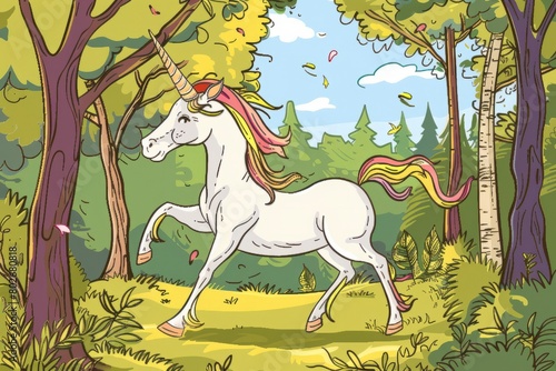 Cartoon cute doodles of a playful unicorn prancing through a magical forest, its horn gleaming in the dappled sunlight, Generative AI