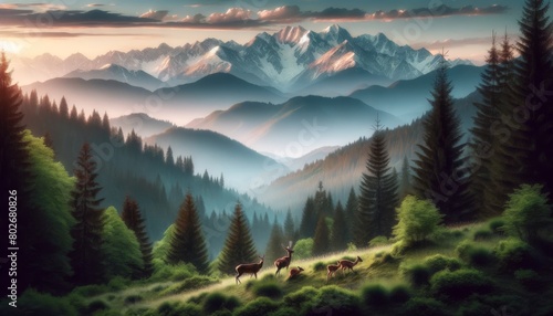 A mountain view with wildlife, featuring a deer family grazing near the edge of a lush forest at dusk. photo