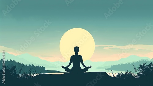In the evening forest  the silhouette of a meditator sits by a woodland lake  practicing meditation.