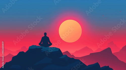 A meditator sits atop a mountain  facing the setting sun in lotus position  meditating. The background features a deep blue evening sky.