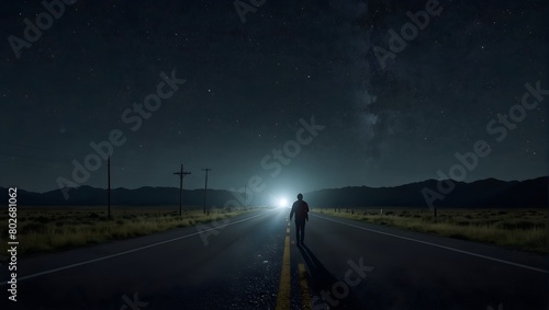 On a deserted highway at midnight, a lone traveler encounters a mysterious figure hitchhiking towards the unknown ai_generated