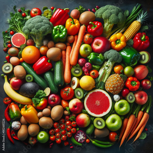 A close-up view of various colorful fruits and vegetables displayed on a black background.
