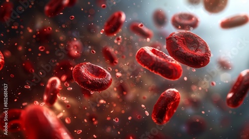 3D rendering image showing the functions of red blood cells, including oxygen transport, carbon dioxide removal, and maintenance of acid-base balance in the blood
