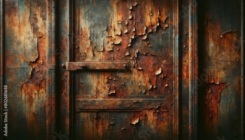 A depiction of an old, rusted metal door with flaking paint, in a style that conveys a sense of history and decay.