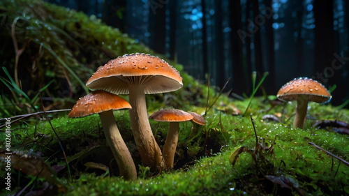 The image depicts a group of mushrooms growing in a grassy field