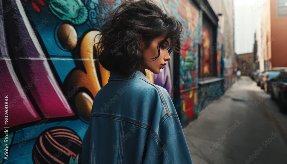 A close-up of a woman in a denim jacket, her back to the camera, looking over her shoulder at a colorful mural.