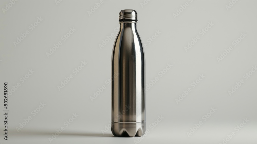 A sleek stainless steel water bottle against a pristine white backdrop A sleek stainless steel water bottle against a pristine white backdrop