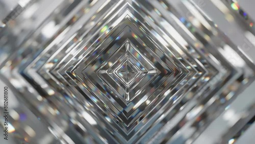 A series of layered crystal shapes with multiple facets reflect and refract light, creating intricate geometric patterns and rainbow hues.