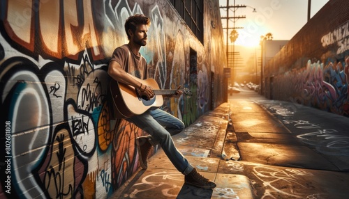 A musician with a guitar leaning against a graffiti-covered wall in an alley, bathed in the golden light of sunset. photo