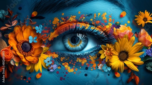 Caravagio surreal lovely woman face with colour eyes shine and background flowers, created by ai photo