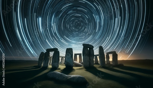 A picturesque scene of an ancient stone circle under a night sky, illuminated by circular star trails. photo