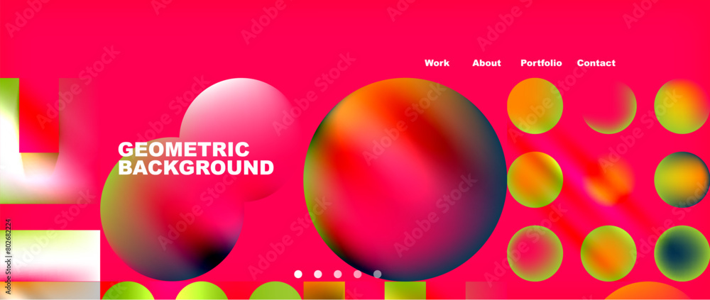A colorful geometric background featuring circles and balls in magenta hues on a vibrant red backdrop. This macro photography art piece resembles astronomical objects in a sciencethemed event logo
