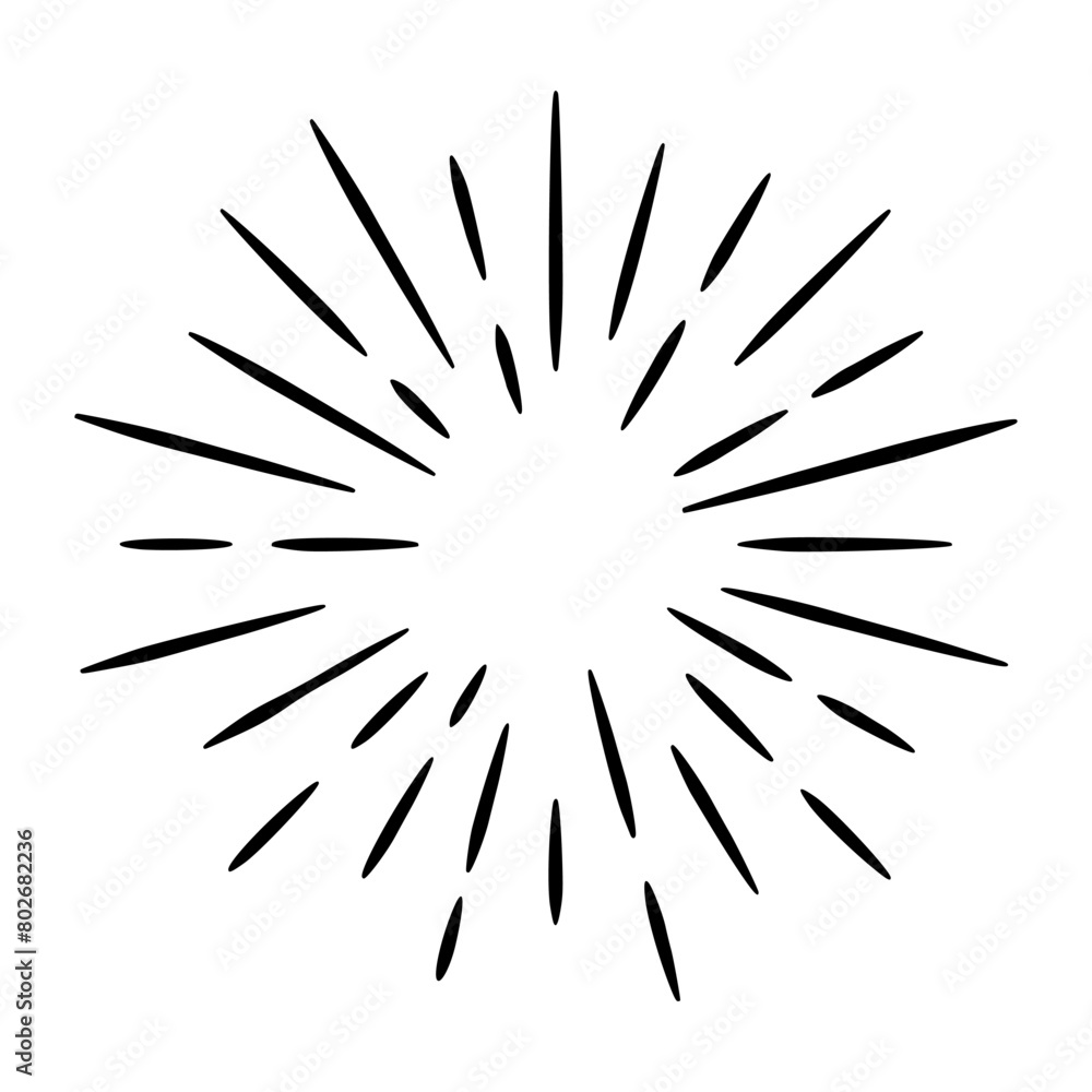 Hand drawn sunburst and rays of sun. Sunrise rays light burst line art design. Hand drawn sunburst and rays of sun. Sunrise rays light burst line art design.