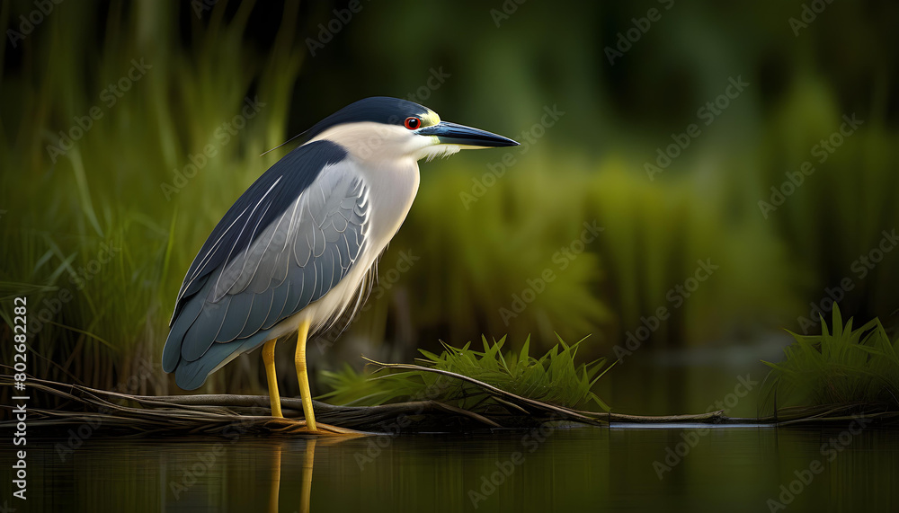 A black-crowned night heron standing in water, with its head turned to the side as if looking for prey A black-crowned night heron standing in water, with its head turned to the side as if looking for prey