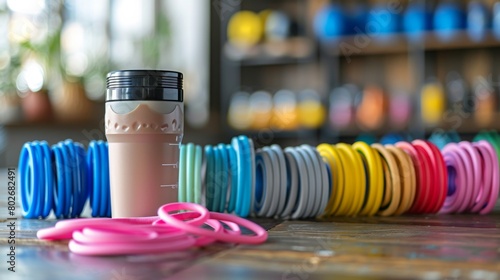 A set of workout resistance bands and protein shaker, promoting exercise and muscle recovery