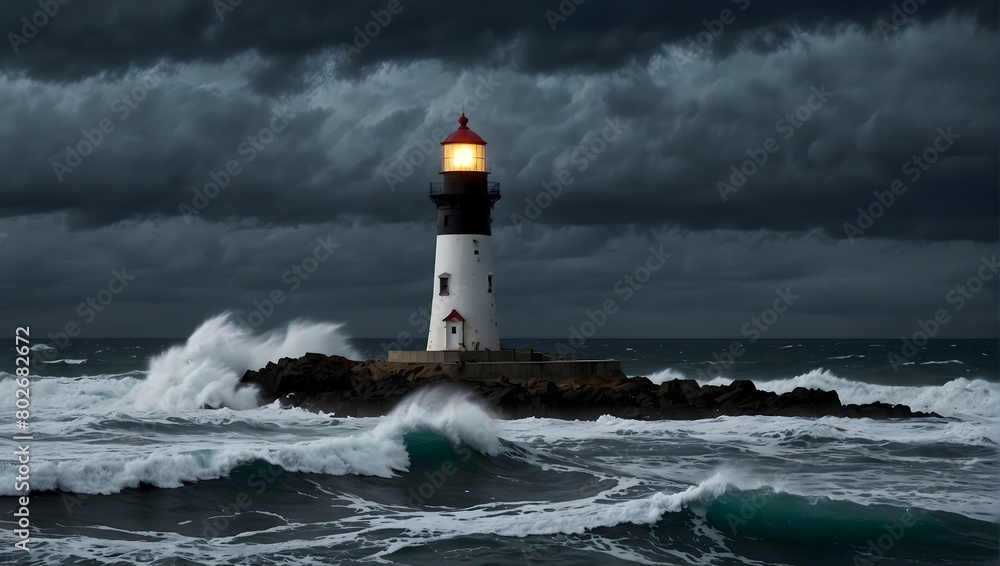 As waves crash against the shore, a lighthouse stands tall, its blue and white stripes guiding lost ships home through the stormy night ai_generated