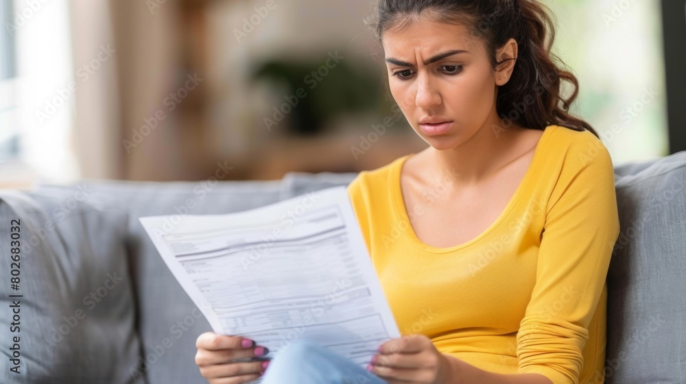 Worried young woman analyzing financial documents on a couch, looking confused and concerned. Worried young woman analyzing financial documents on a couch, looking confused and concerned.