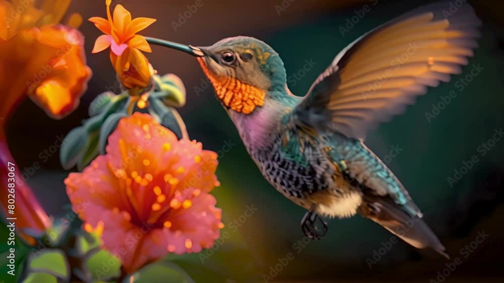 Beautiful hummingbird hovering near crystal flower, closeup shot, professional color grading, clear and sharp focus Beautiful hummingbird hovering near crystal flower, closeup shot, professional color grading, clear and sharp focus
