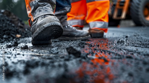 Close-up of a construction worker's boot on freshly laid asphalt with construction equipment in the background.
