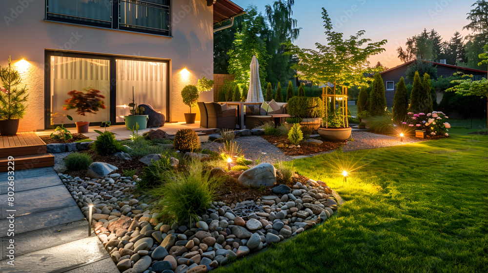 Cozy country garden with solar illuminated paths and decorative stones,Family house patio and green lawn of the front yard in suburban area of Vancouver,House terrace illuminated by lights
Cozy country garden with solar illuminated paths and decorative stones,Family house patio and green lawn of the front yard in suburban area of Vancouver,House terrace illuminated by lights