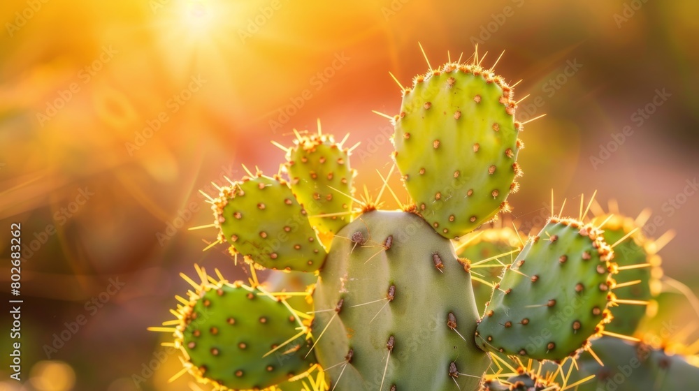 Golden sunlight illuminates the spikes of a cactus, highlighting its details and texture during sunset. Golden sunlight illuminates the spikes of a cactus, highlighting its details and texture during sunset.