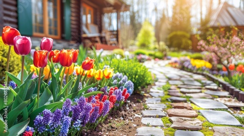 Fototapeta Naklejka Na Ścianę i Meble -  Vibrant spring garden with colorful tulips, hyacinths, and a pathway leading to a cozy log cabin.
