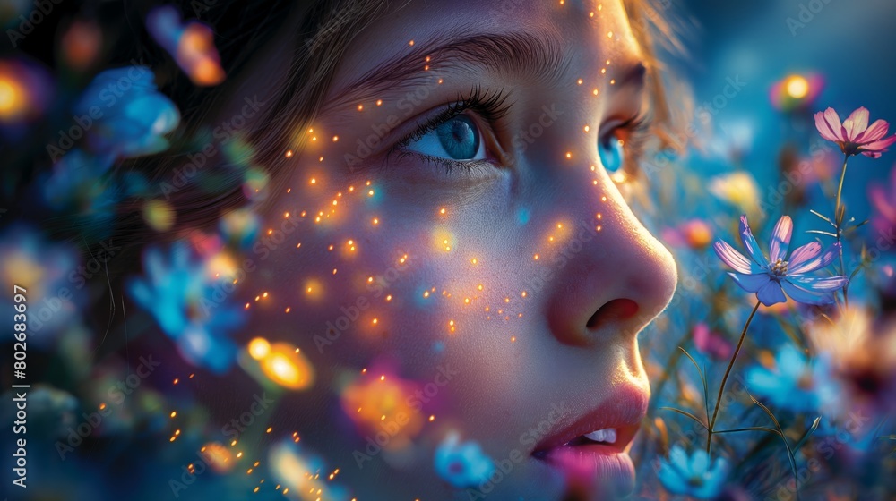 Caravagio surreal lovely woman face with colour eyes shine and background flowers, created by ai Caravagio surreal lovely woman face with colour eyes shine and background flowers, created by ai