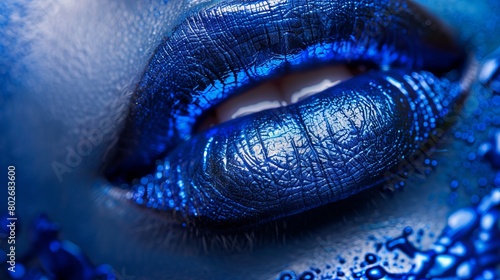 Vibrant blue lipstick close-up: artistic glossy lips makeup, beauty concept photo
