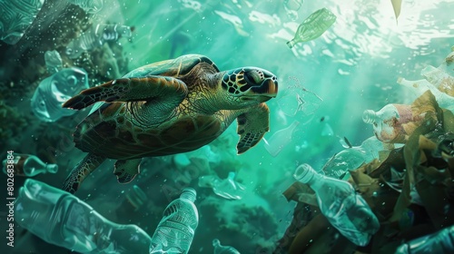 Plastic pollution with turtles swimming underwater between discarded plastic bottles.